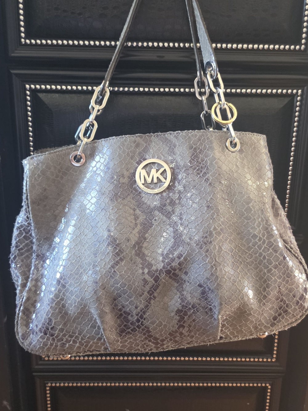 Michael Kors Gray Snakeskin-Effect Shoulder Bag with Silver Accents